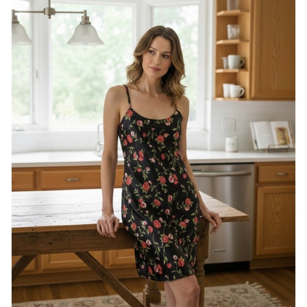Vintage Floral Print Mini Slip Dress Kathy Ireland Black Red‎ Roses Medium